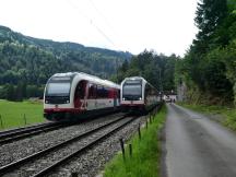 Zugbegegnung zweier ABeh 150 in der Ausweiche zwischen Lungern und Brünig-Hasliberg